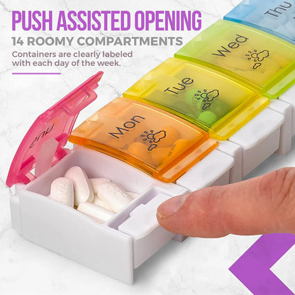 Multicolored pill organizer with push-assisted opening mechanism on a white background

