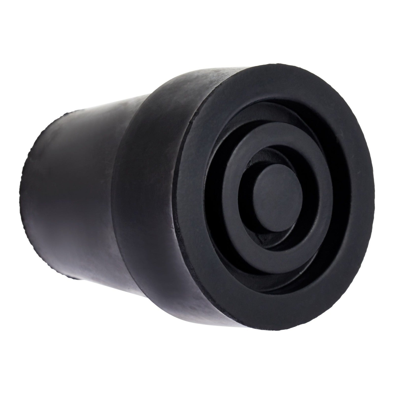 Black rubber cane tip on a white background

