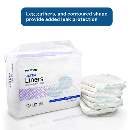 Pack of Mckesson Ultra Liners with text about leak protection on a white background
