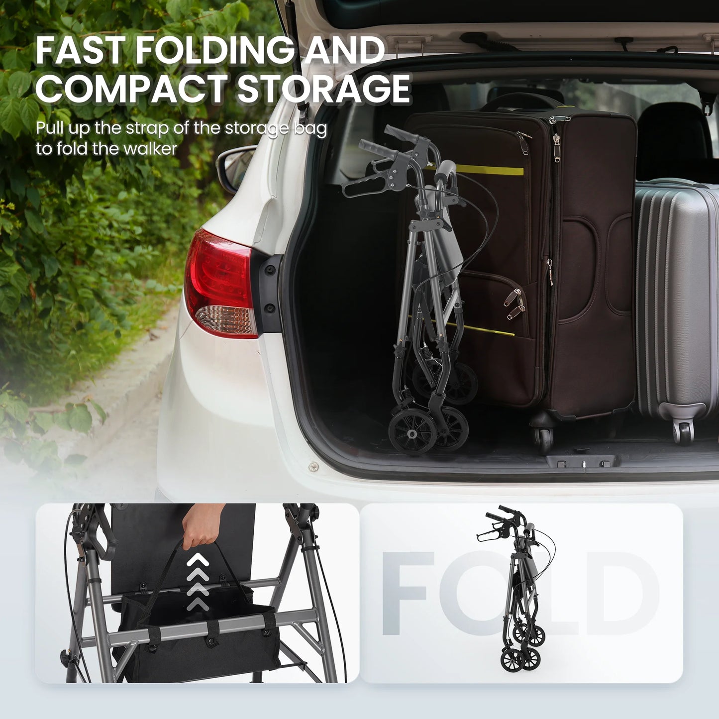 Car trunk with folded walker, storage bag, and suitcases with text 'Fast folding and compact storage'.