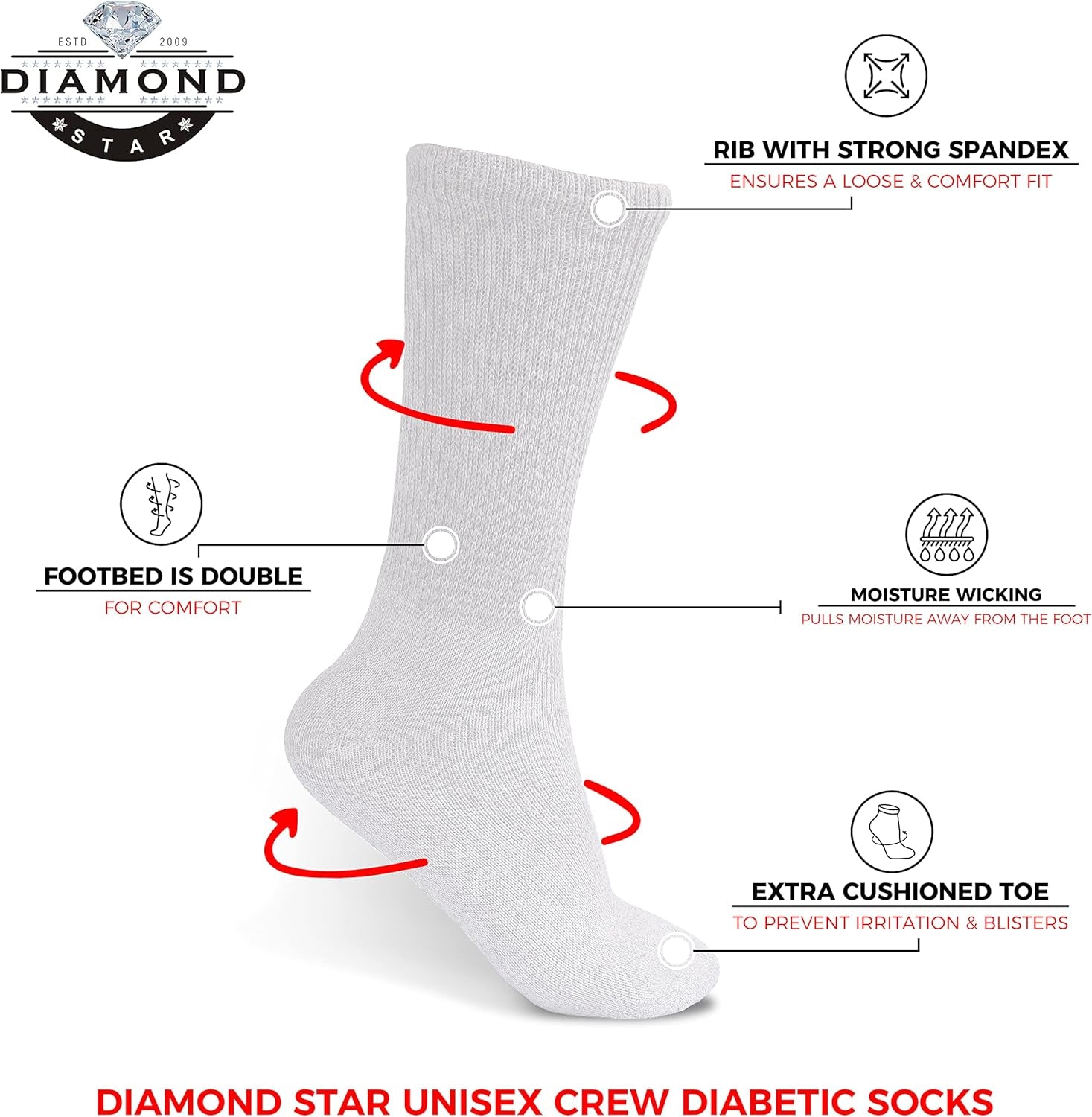 Diagram of Diamond Star diabetic socks with features labeled on a white background