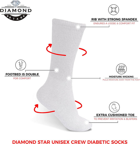 Diagram of Diamond Star diabetic socks with features labeled on a white background