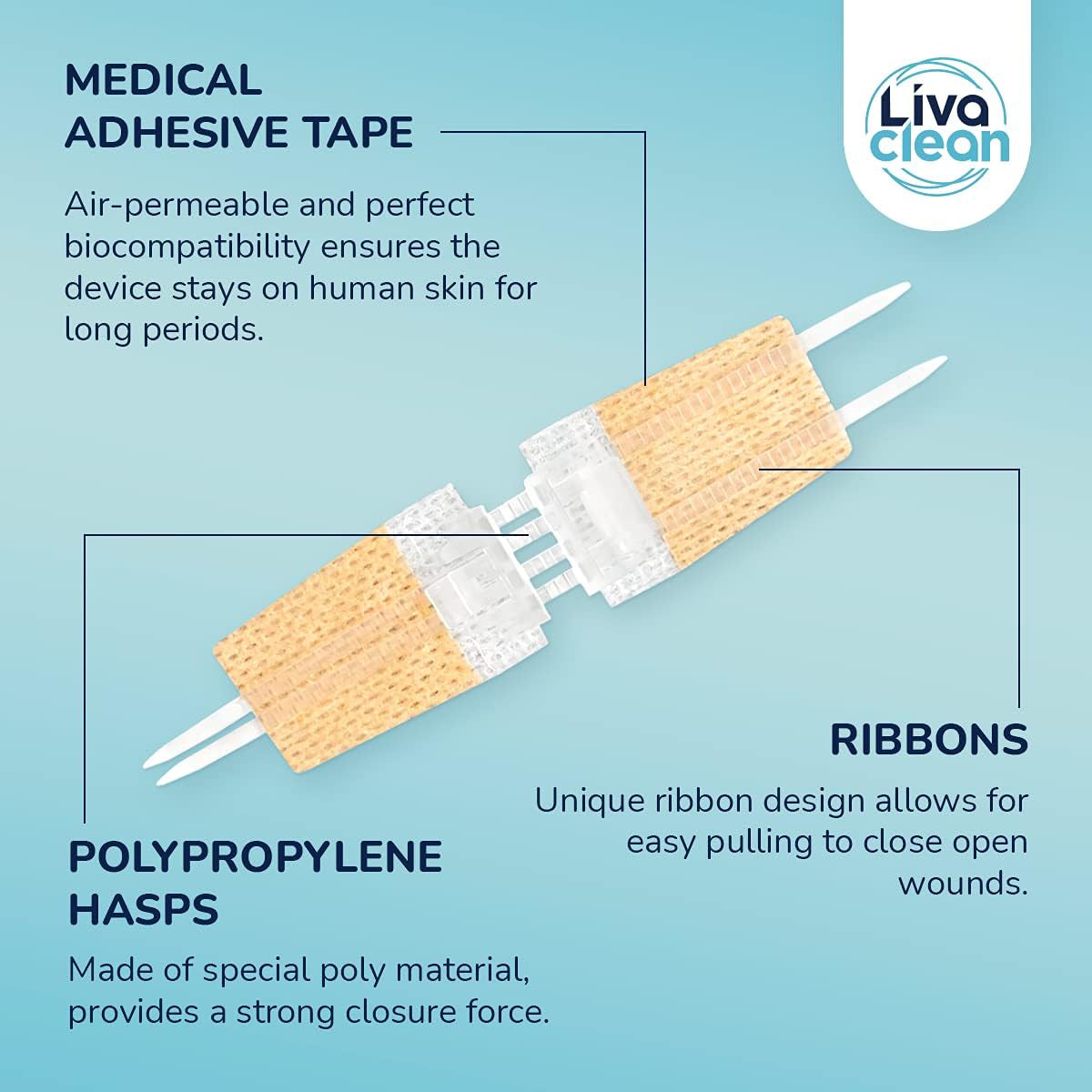 Medical adhesive tape with polypropylene hasps and ribbons on a blue background, featuring Liva Clean branding.

