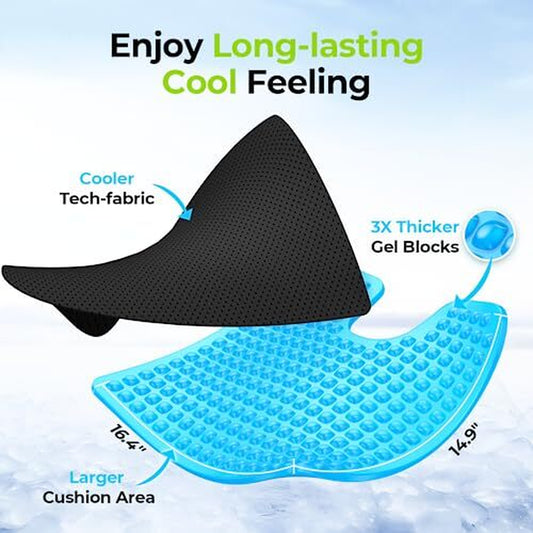 Blue gel cushion with text highlighting features on a light blue background

