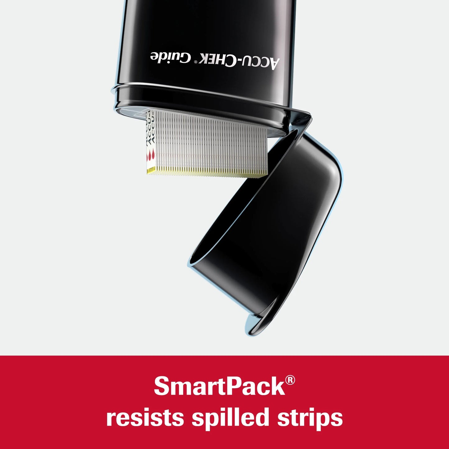 Black ACCU-CHEK Guide device with a red banner stating 'SmartPack resists spilled strips' on a white background.