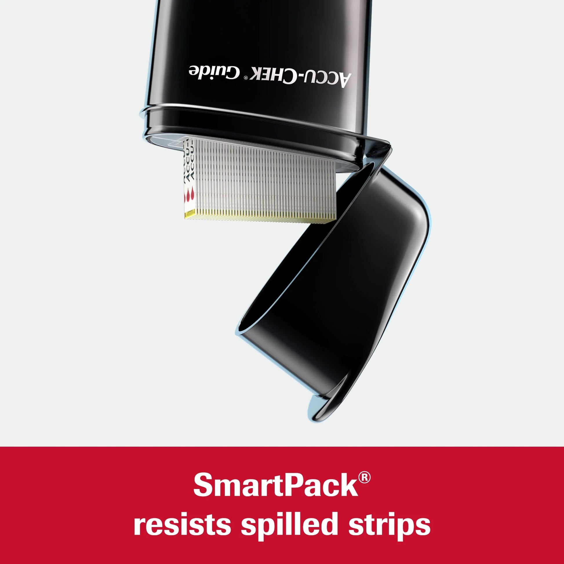 Black ACCU-CHEK Guide device with a red banner stating 'SmartPack resists spilled strips' on a white background.