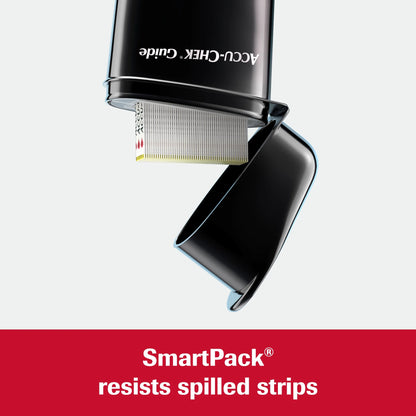 Black ACCU-CHEK Guide device with a red banner stating 'SmartPack resists spilled strips' on a white background.