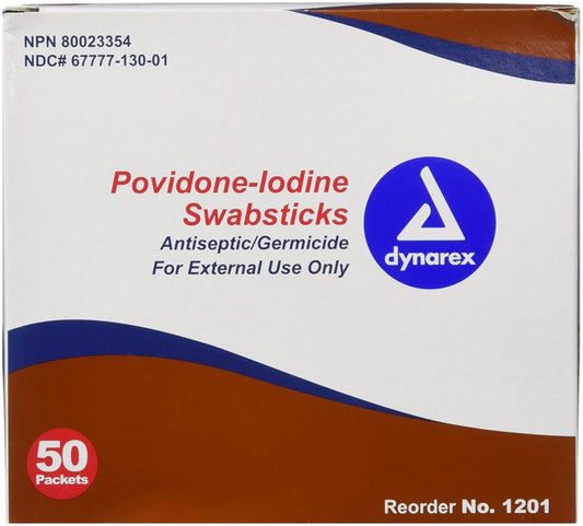Box of Povidone-Iodine Swabsticks by Dynarex with branding and product details.

