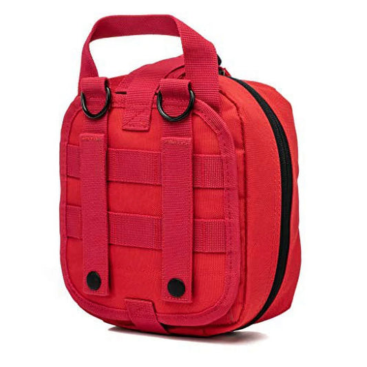 Red tactical bag with black zippers on a white background

