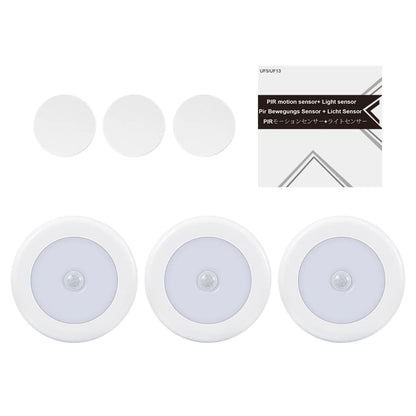 Three round light sensors with a packaging box on a white background


