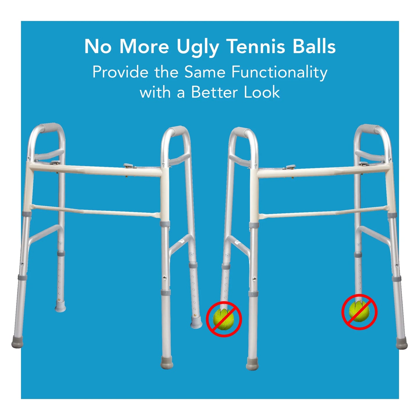 Two walkers with tennis balls on a blue background, promoting a product with a better appearance.