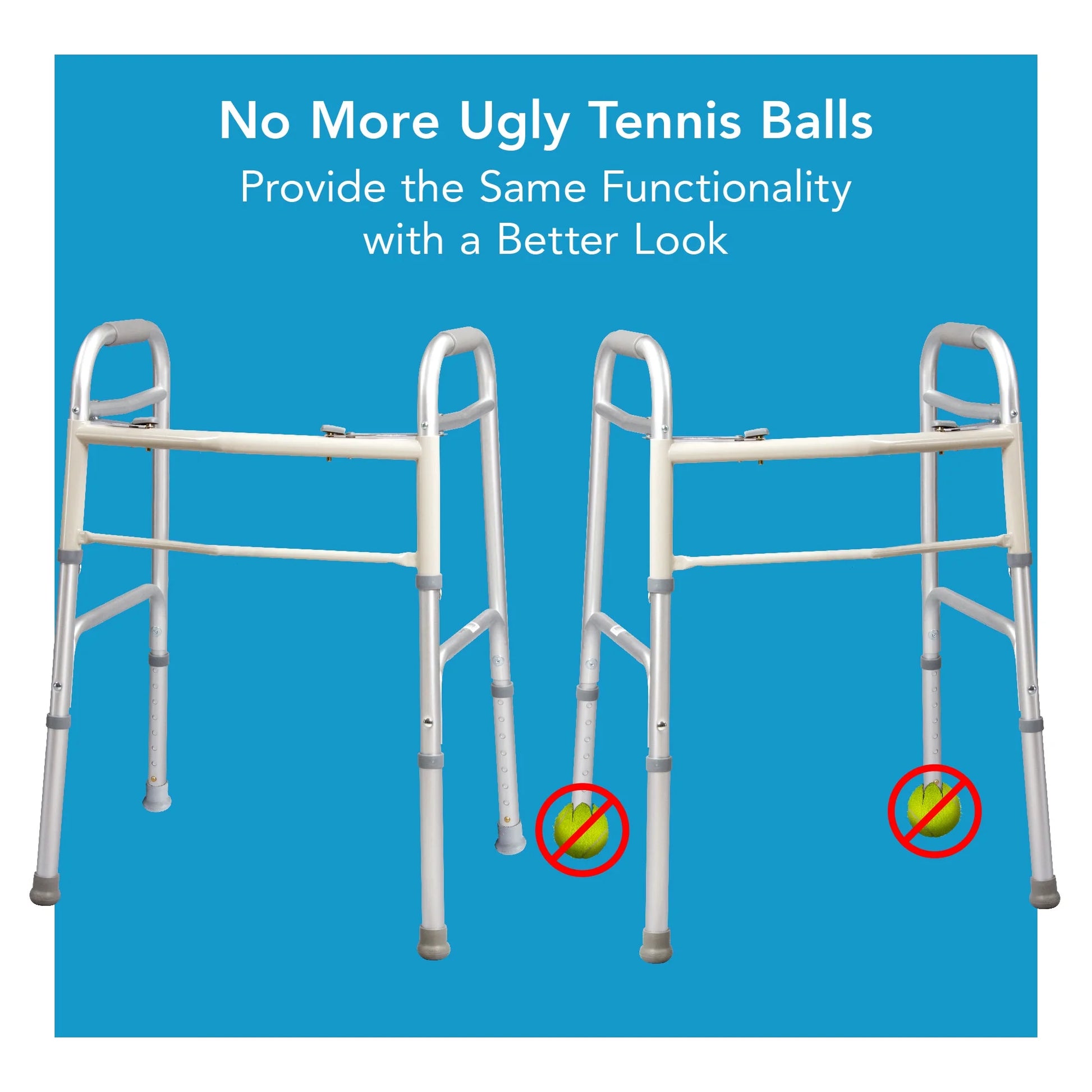 Two walkers with tennis balls on a blue background, promoting a product with a better appearance.