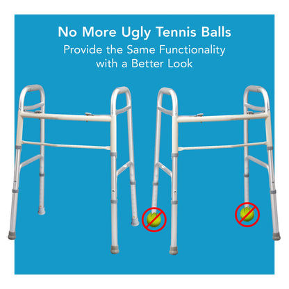 Two walkers with tennis balls on a blue background, promoting a product with a better appearance.