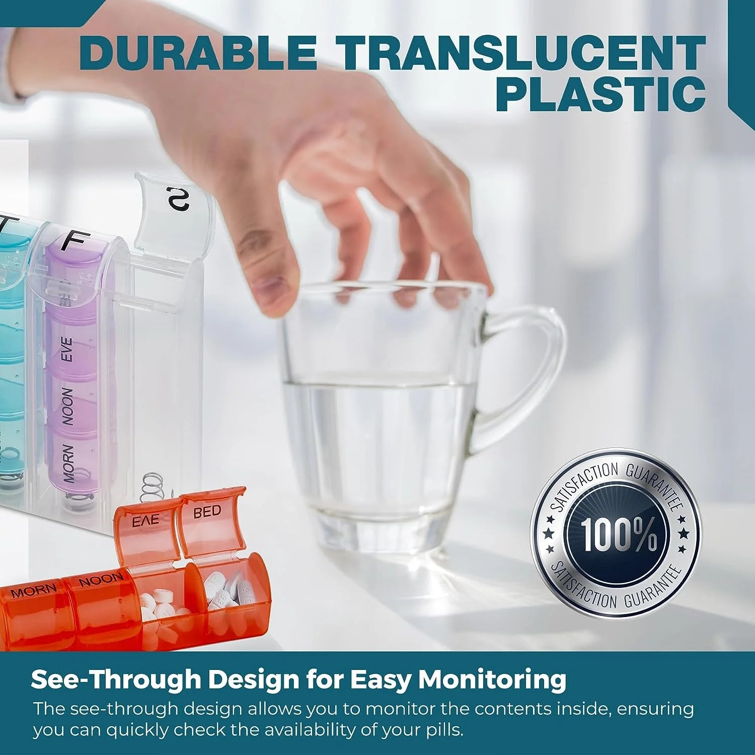 Pill organizer with a hand reaching for a glass of water, emphasizing durable translucent plastic and see-through design.

