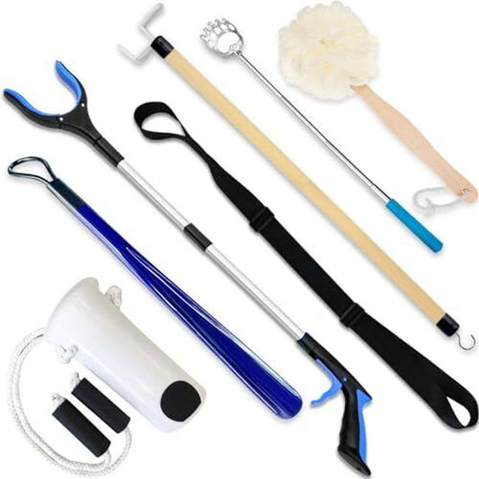 Set of tools including a blue and black tool, a black and white tool, and a wooden handle with a white scrubber on a white background.