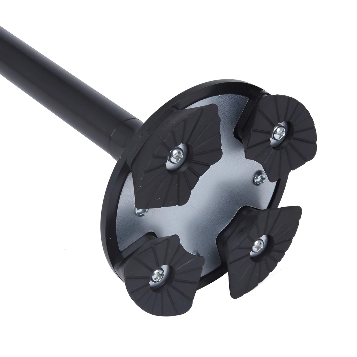 Close-up of a black and silver tool with multiple components on a white background

