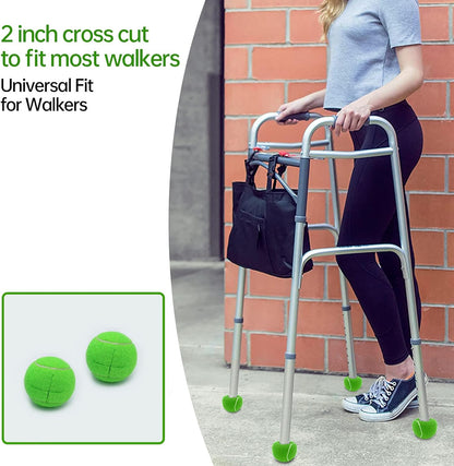 Person using a walker with green foot pads on a sidewalk, text about cross cut fit and universal fit for walkers.