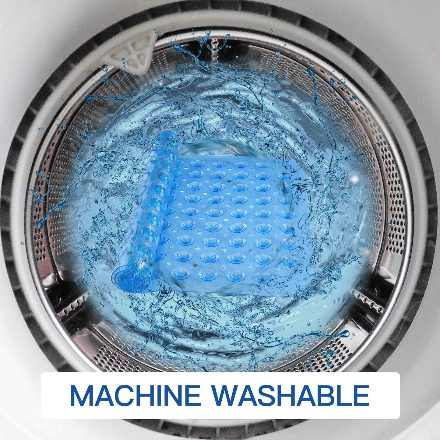 Blue silicone mat in a washing machine with water splashing around it, labeled 'Machine Washable'.

