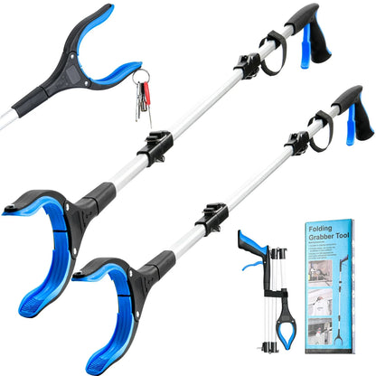 Folding grabber tool with blue and black handles on a white background