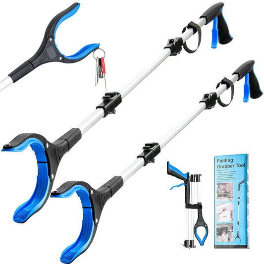 Folding grabber tool with blue and black handles on a white background