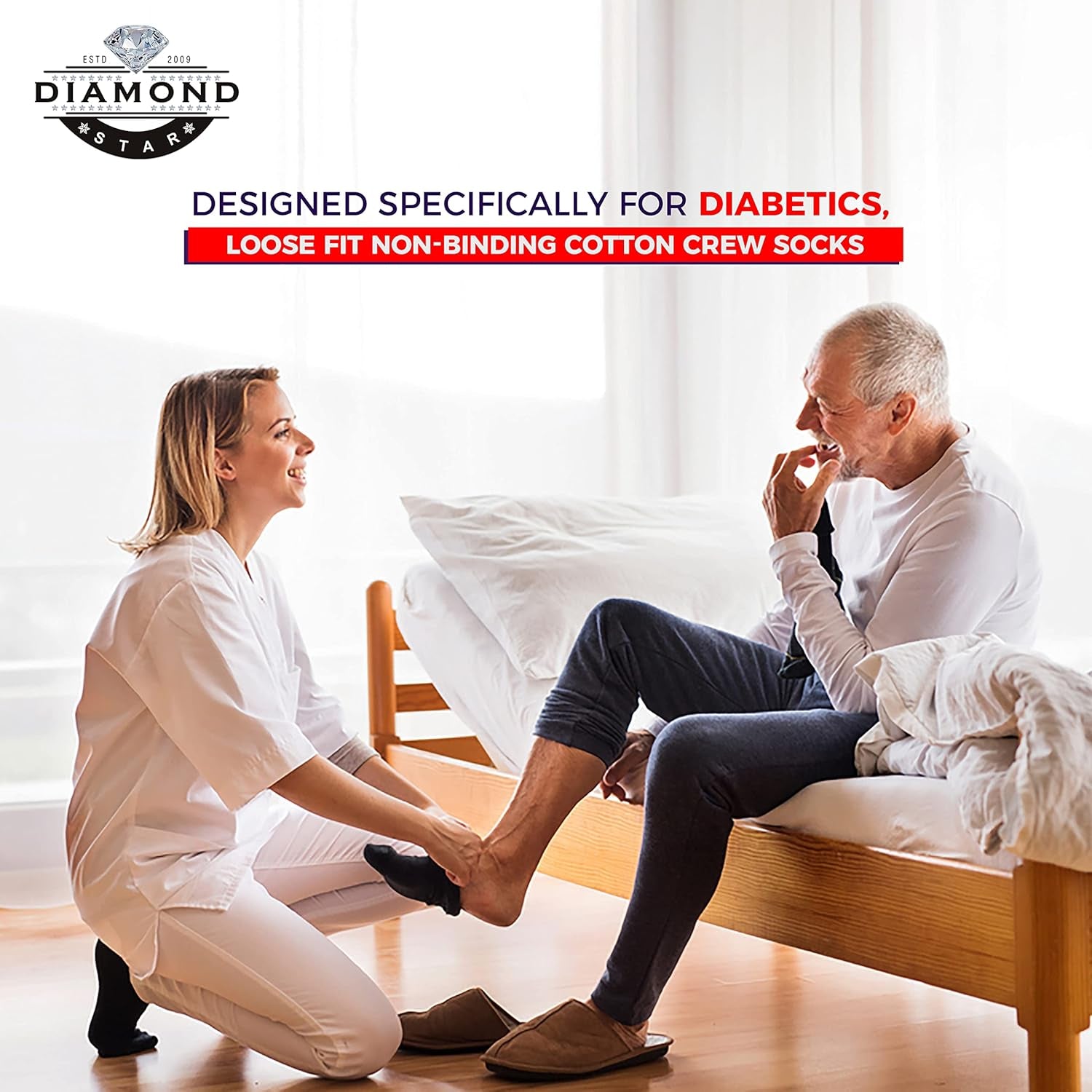 Physician checking a patient's foot with text about diabetic socks, featuring Diamond Star brand.