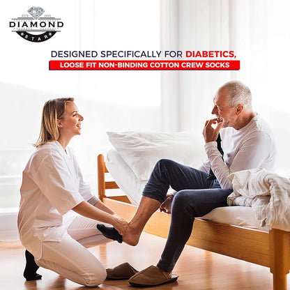 Physician checking a patient's foot with text about diabetic socks, featuring Diamond Star brand.