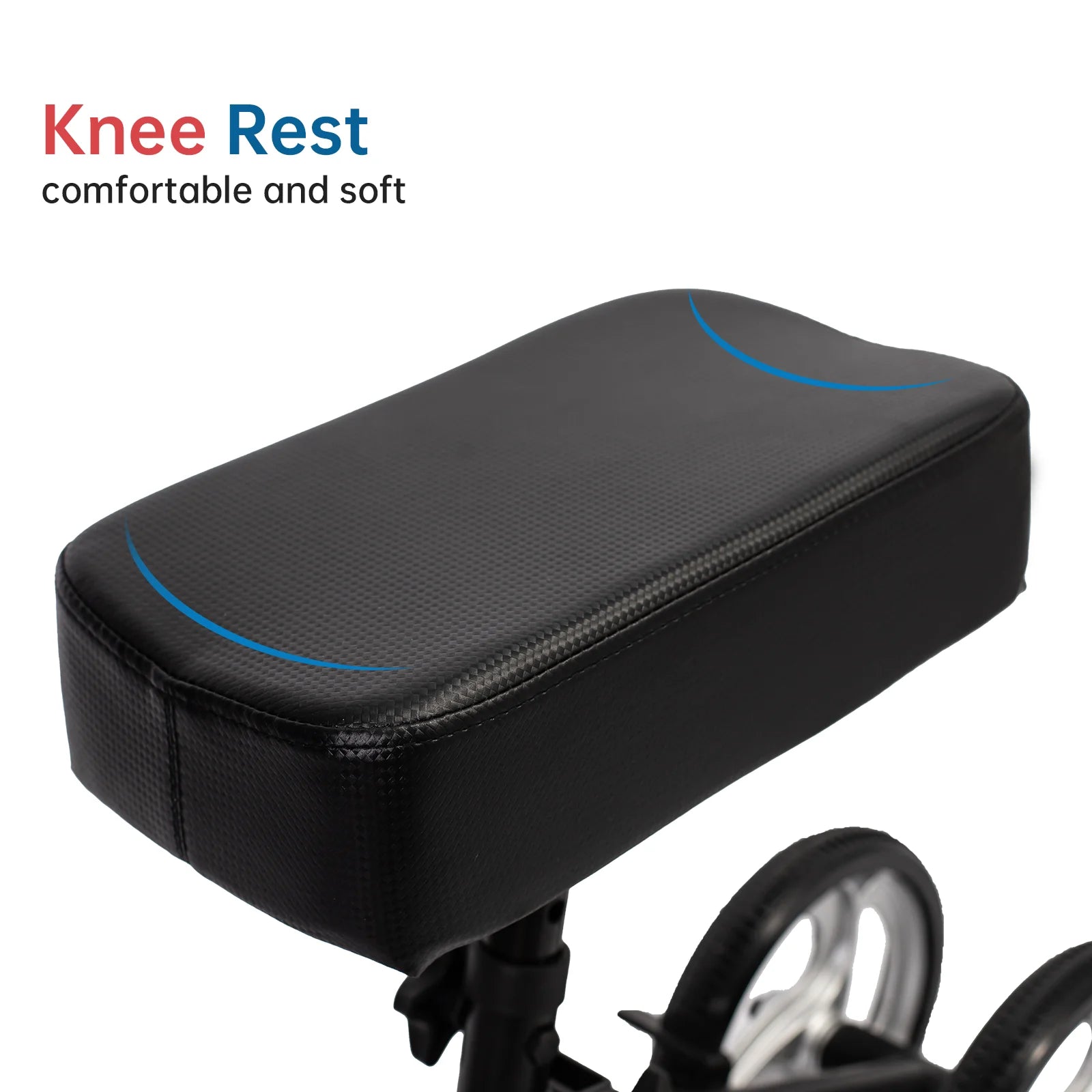 Black knee rest with blue accents on a white background

