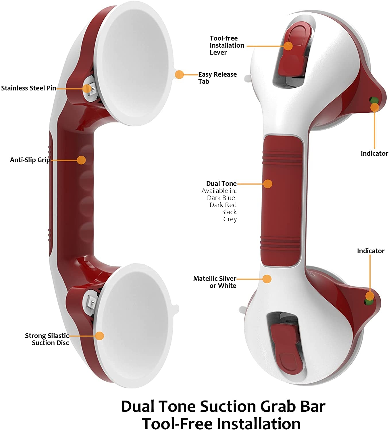 Dual Tone Suction Grab Bar with labeled features on a white background