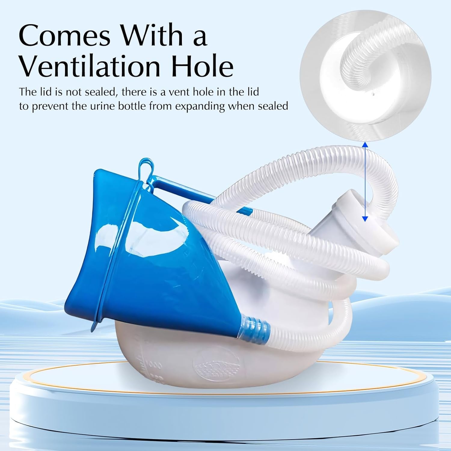 Blue and white urine collection device with a ventilation hole on a light blue background

