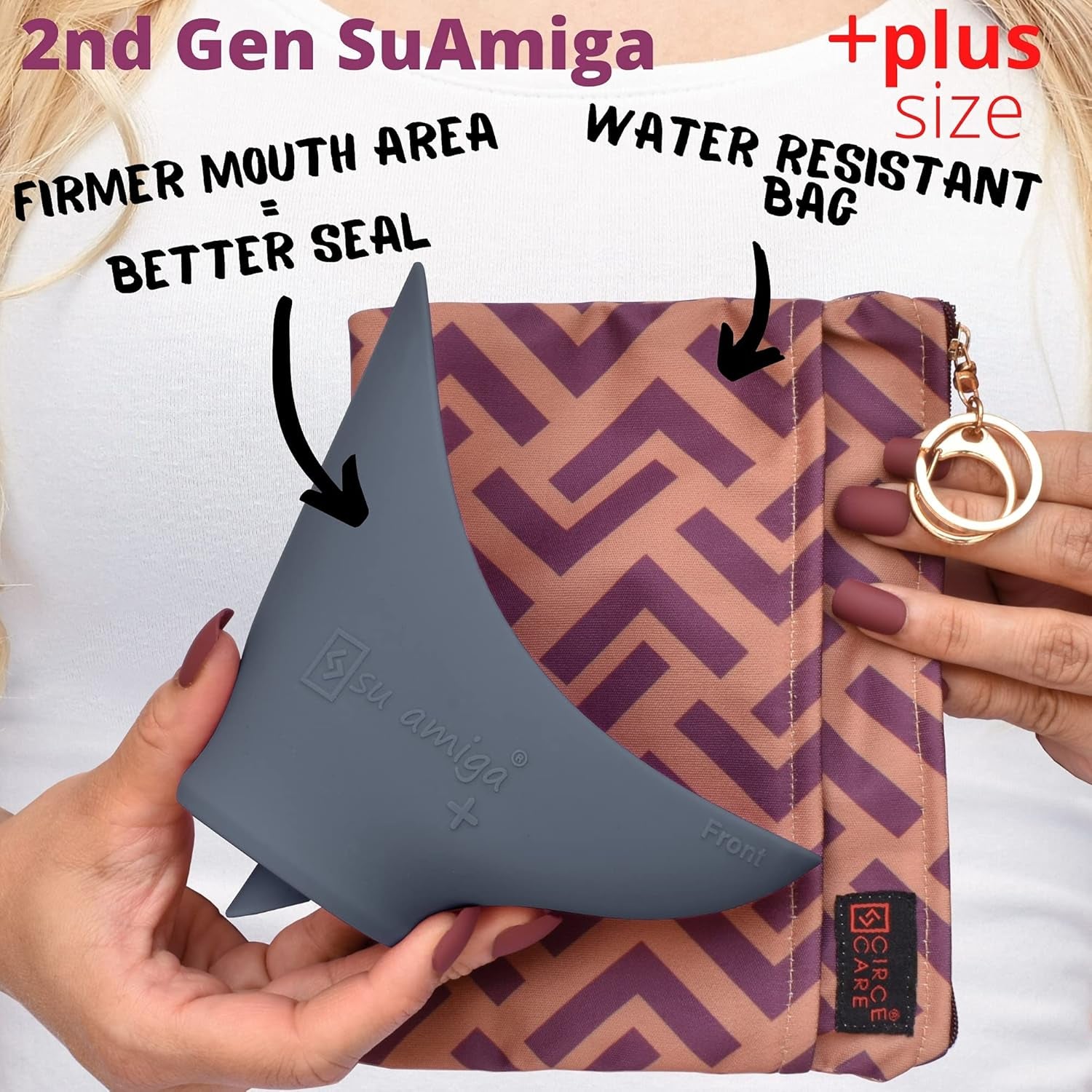 Purple and gold patterned bag with a gray silicone seal held by hands, labeled '2nd Gen SuAmiga' and 'plus size'.

