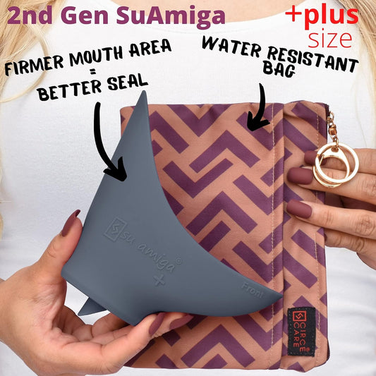 Purple and gold patterned bag with a gray silicone seal held by hands, labeled '2nd Gen SuAmiga' and 'plus size'.

