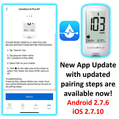 Glucose meter with app interface and text about new app update