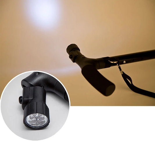 Black flashlight attached to a walking cane with a close-up inset on a beige background.

