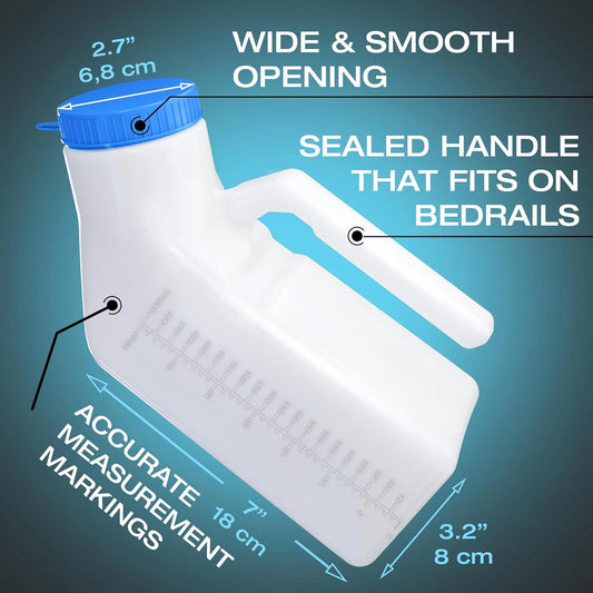 White container with blue lid and handle, featuring measurements and text on a blue background

