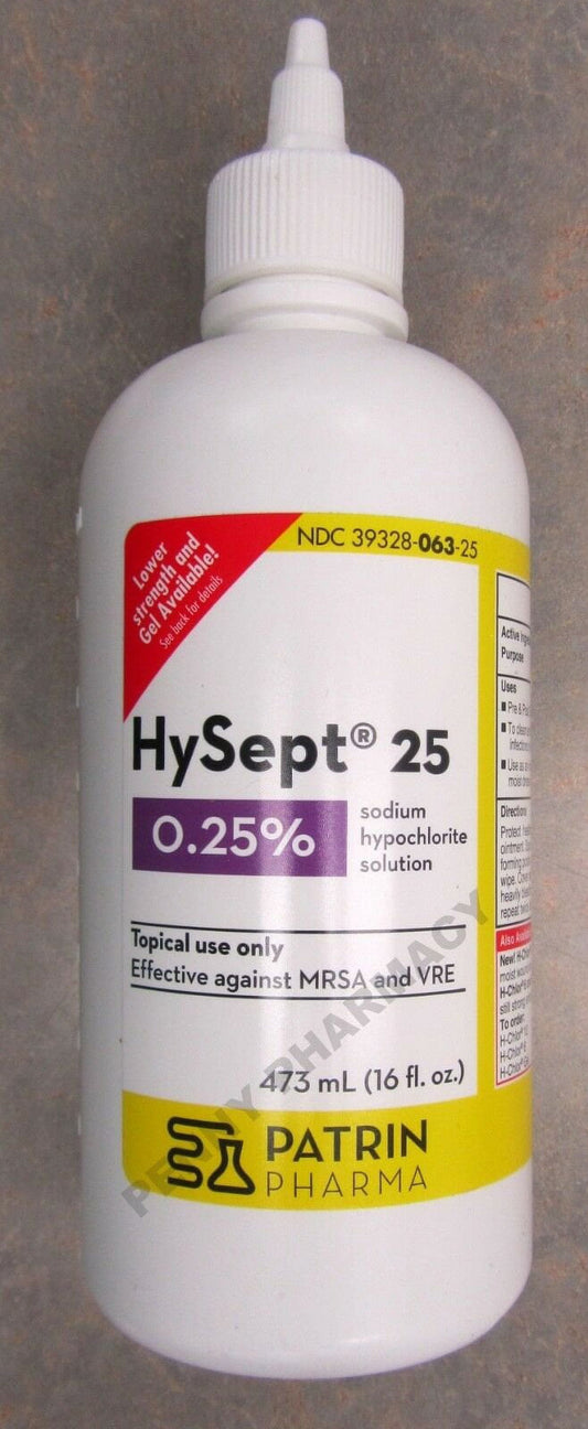 HySept 25 bottle with Patrin Pharma label on a gray background