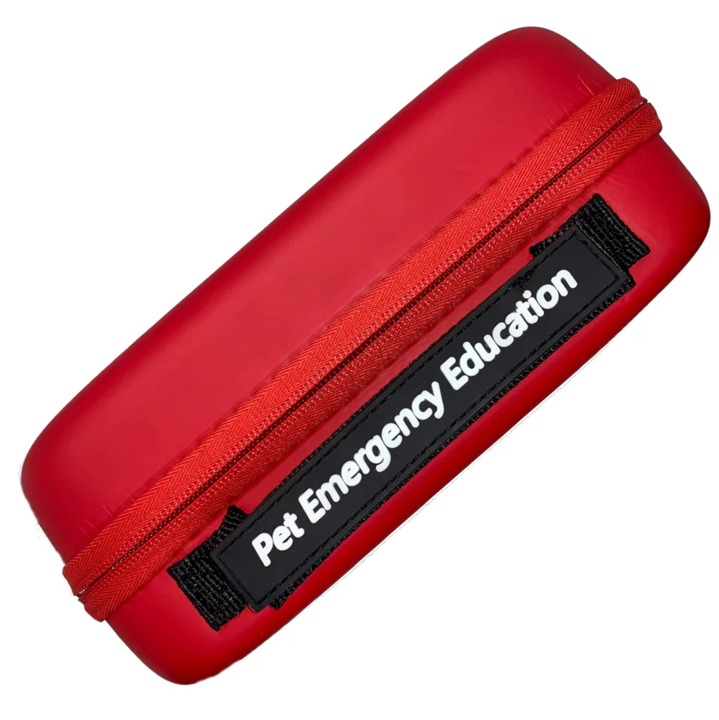 Red case with 'Pet Emergency Education' label on a white background