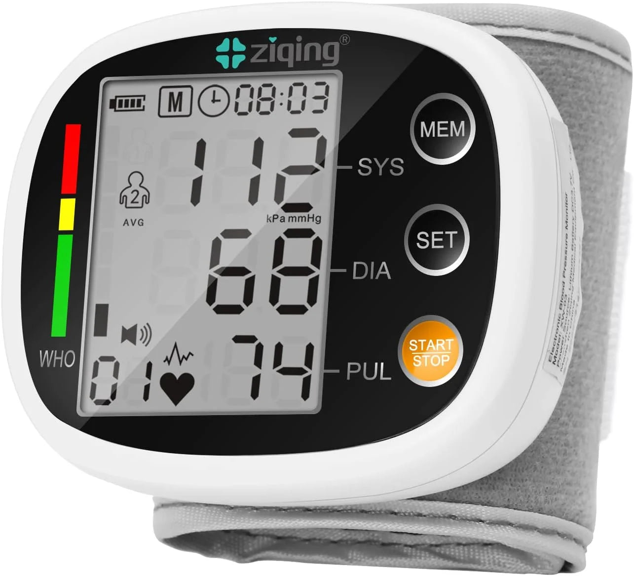 Digital blood pressure monitor with brand 'Ziqing' on a white background

