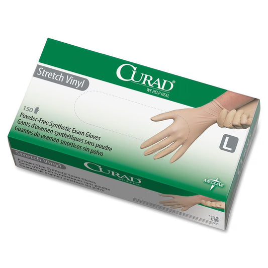 Box of Curad stretch vinyl exam gloves on a white background