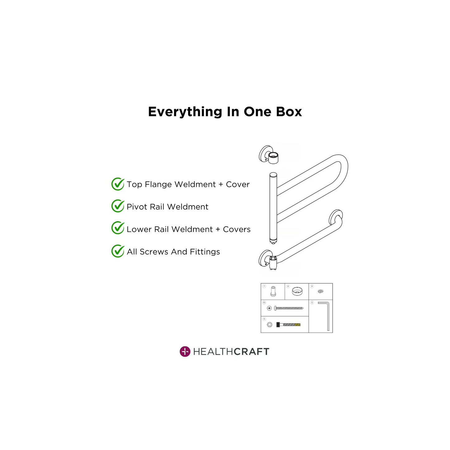 Diagram of a railing system with Healthcraft branding on a white background