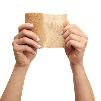 Hands holding a roll of brown paper against a white background

