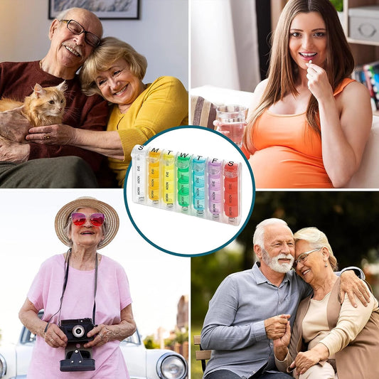 Collage of people with a focus on a colorful pill organizer.

