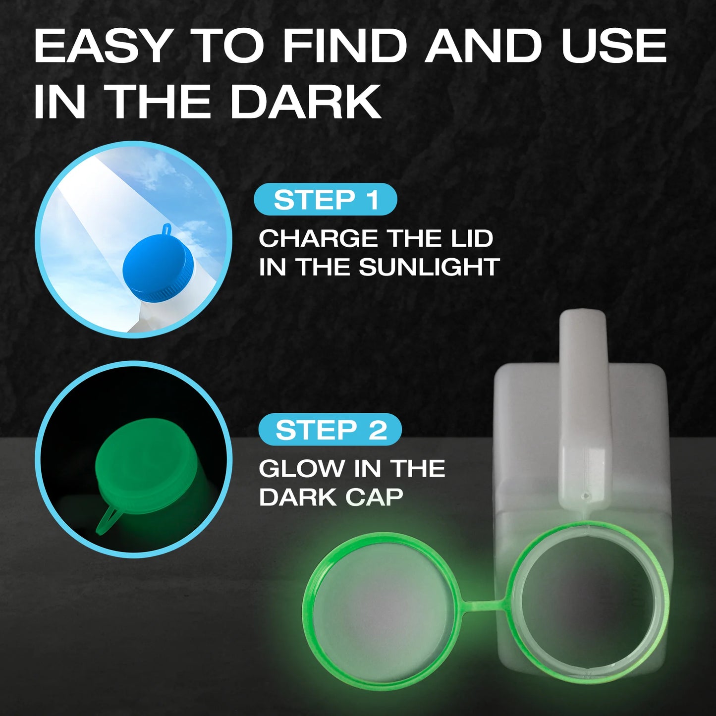 Glow-in-the-dark product with charging instructions on a dark background

