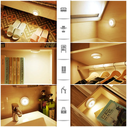 Collage of various indoor lighting scenarios including a closet, bathroom, and bedroom.


