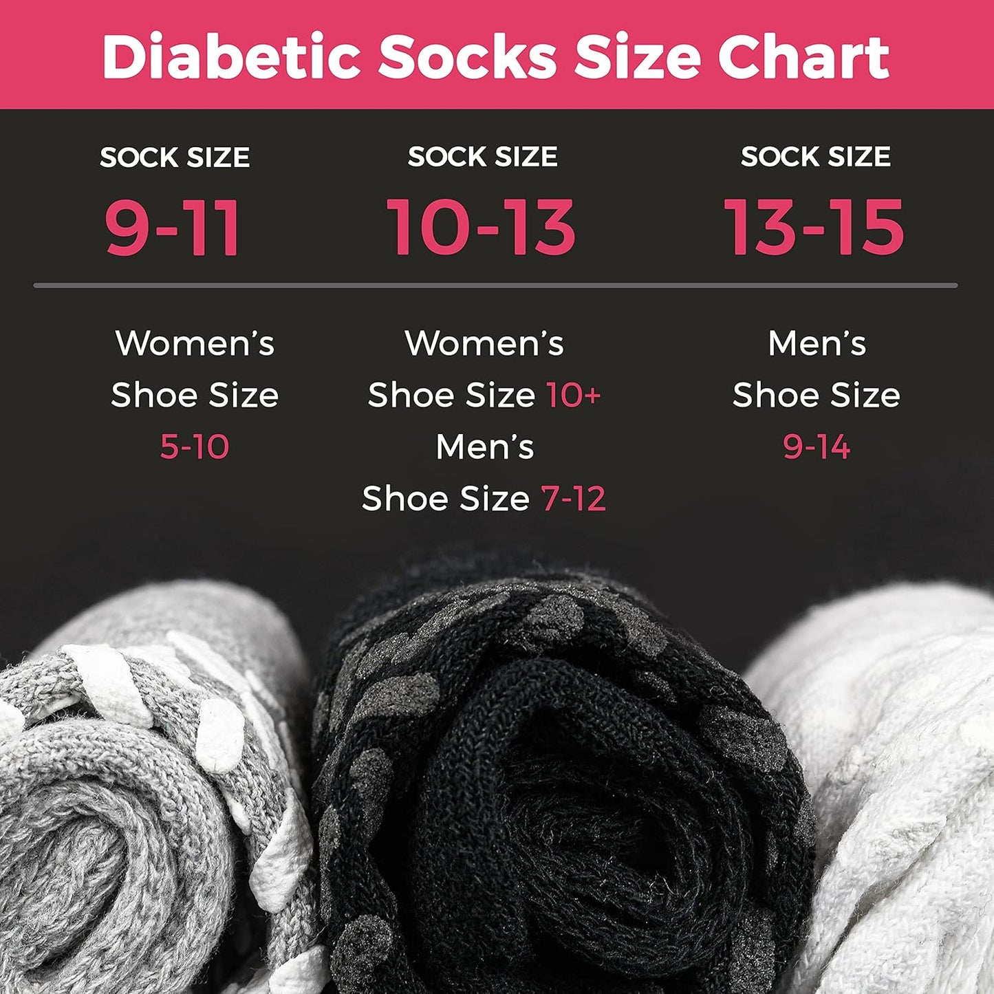 Diabetic socks size chart with sock and shoe size conversions on a black background.