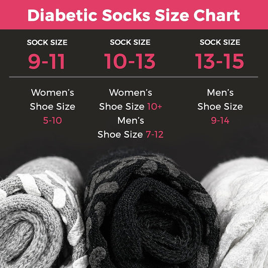 Diabetic socks size chart with sock and shoe size conversions on a black background.