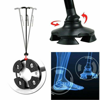 Black adjustable stand with crutch attachments and a close-up of a foot骨骼图解.

