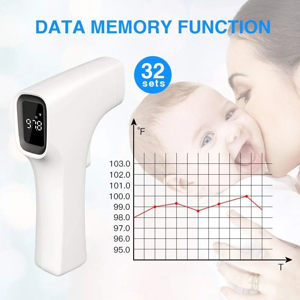 Infrared thermometer with a baby and a graph showing temperature data on a light blue background.