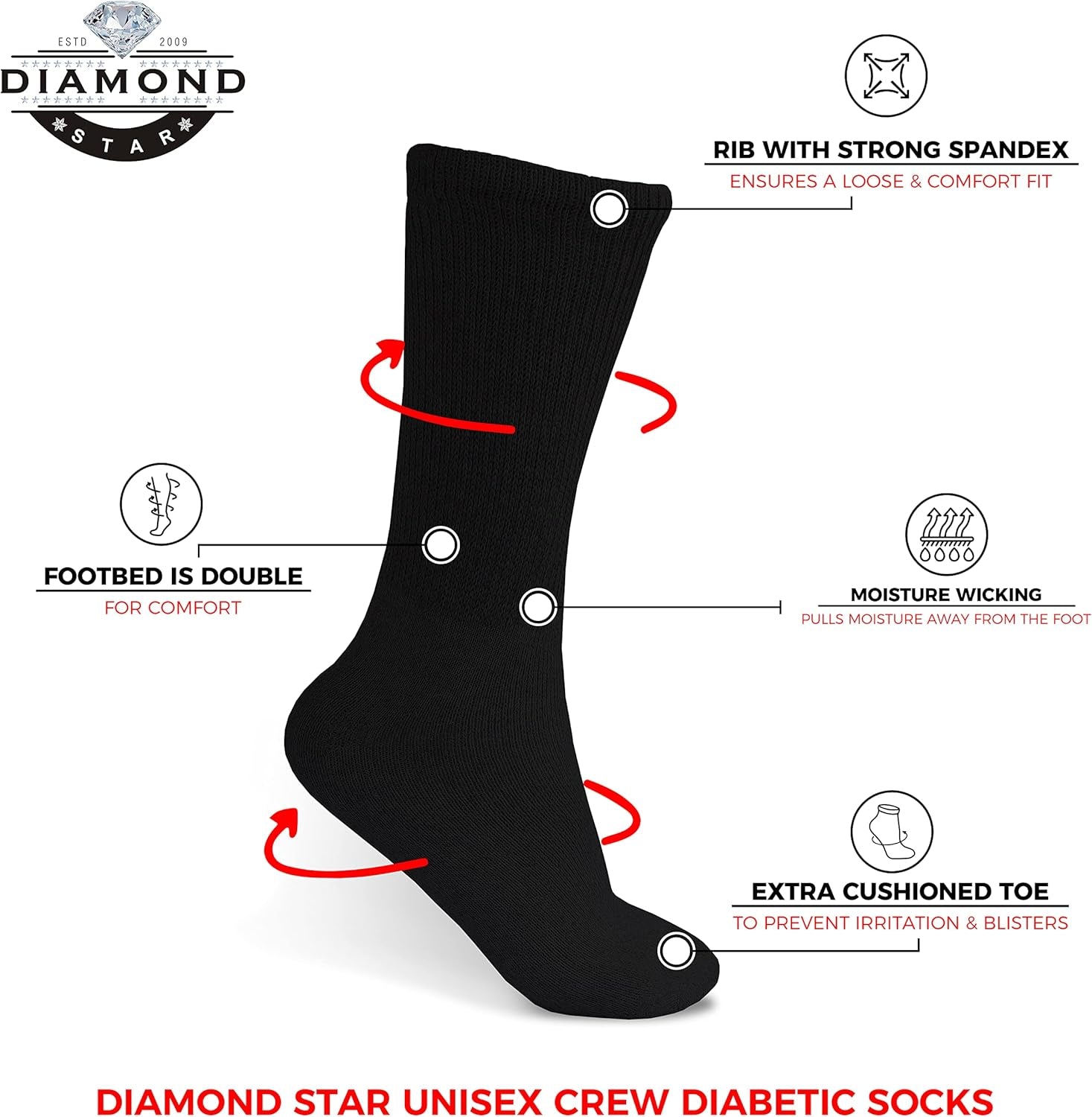 Black diabetic sock with features labeled on a white background, featuring the Diamond Star brand.