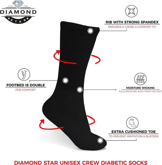 Black diabetic sock with features labeled on a white background, featuring the Diamond Star brand.