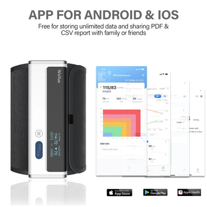Health monitor with smartphone app displaying data on a white background

